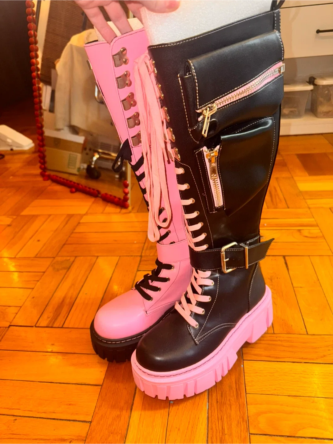 DOLLS KILL. Black & Pink Platform Boots - Size 8 image indicator(2)