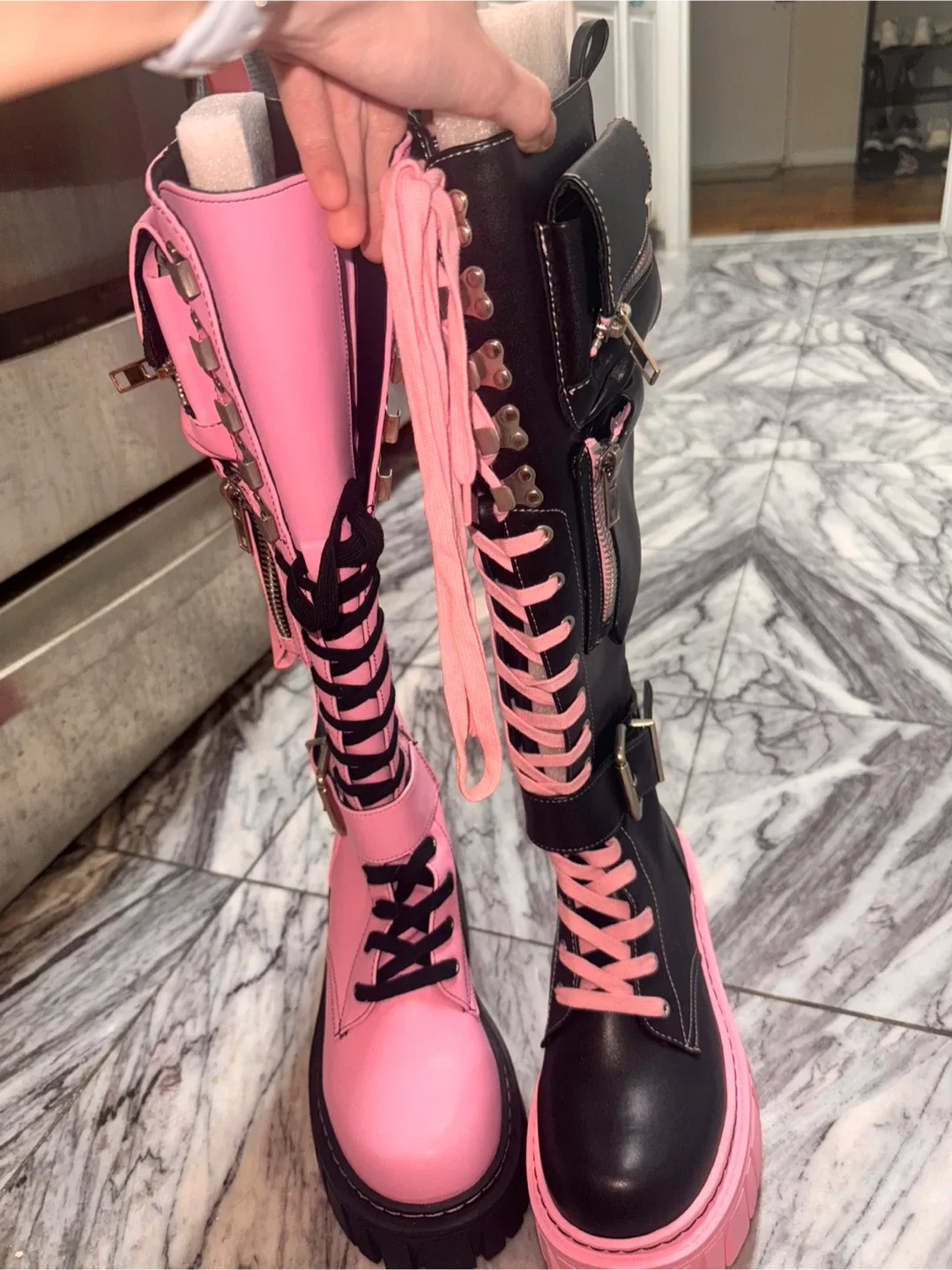 DOLLS KILL. Black & Pink Platform Boots - Size 8 image indicator(5)