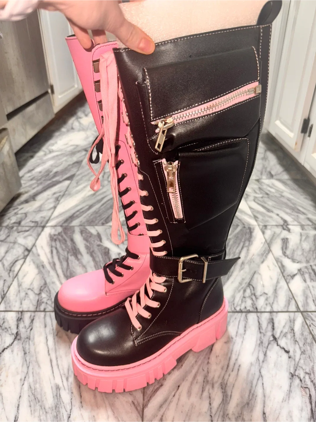 DOLLS KILL. Black & Pink Platform Boots - Size 8 image indicator(3)
