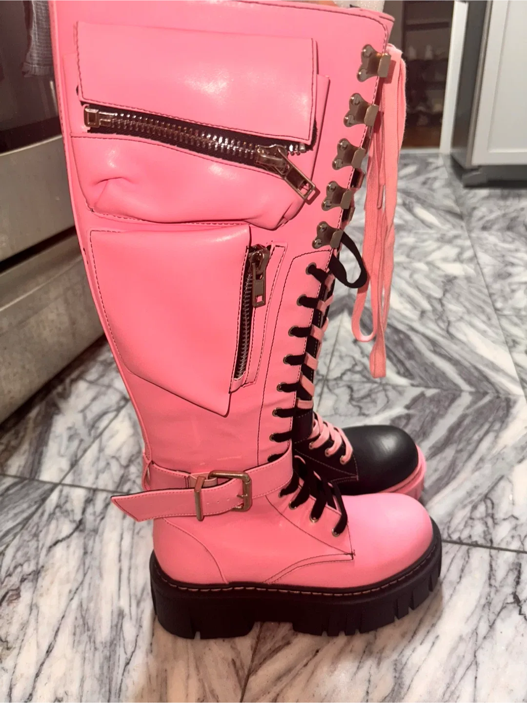 DOLLS KILL. Black & Pink Platform Boots - Size 8 image indicator(7)