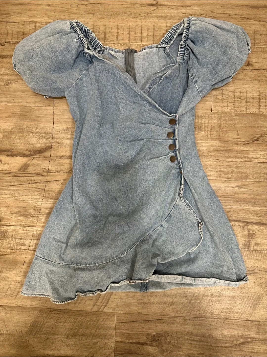 Denim Mini Dress - Puff Sleeve, Wrap Style thumbnail