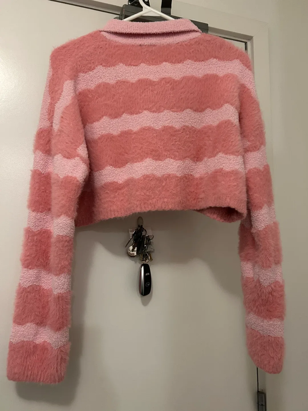 Barbie Pink Striped Fuzzy Knit Cropped Sweater image indicator(2)