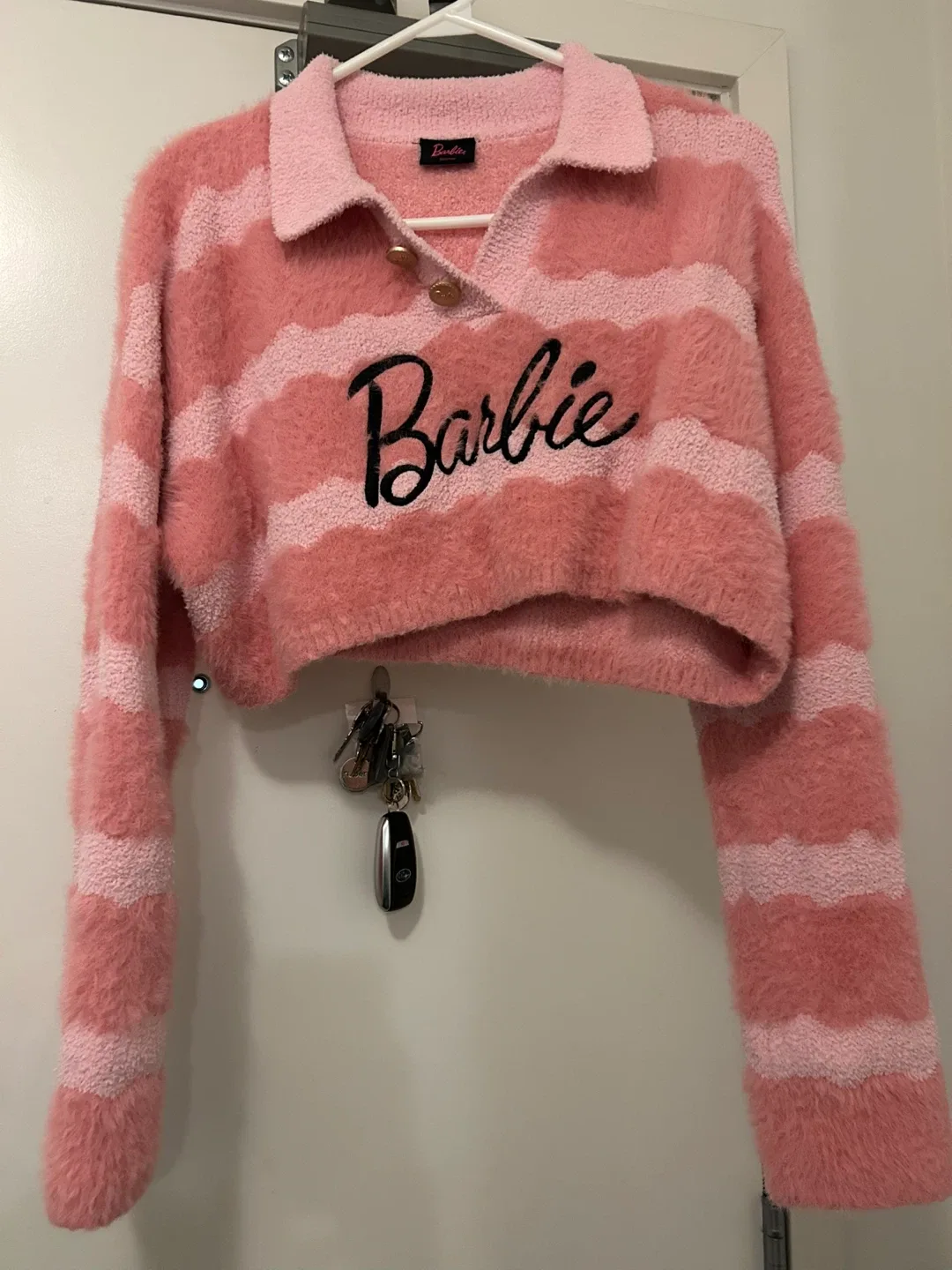 Barbie Pink Striped Fuzzy Knit Cropped Sweater thumbnail