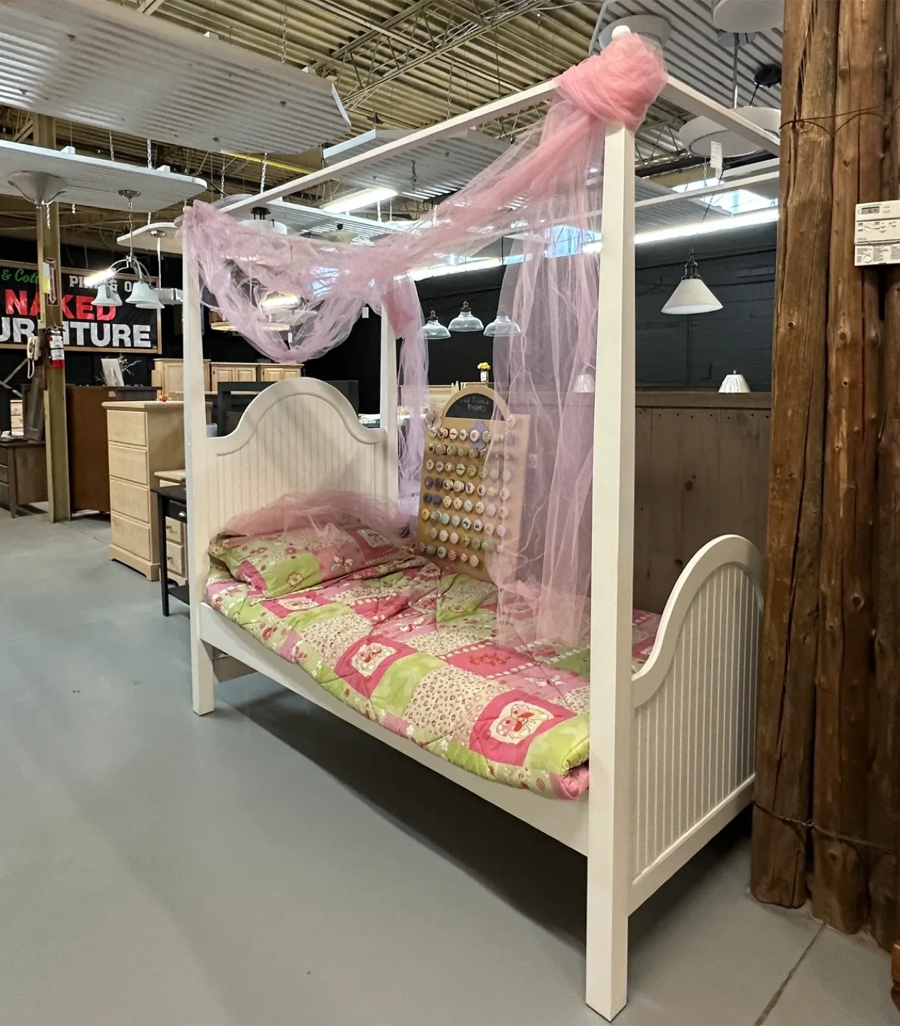 Solid Wood Canopy Bed – White Finish with Pink Netting image indicator(2)
