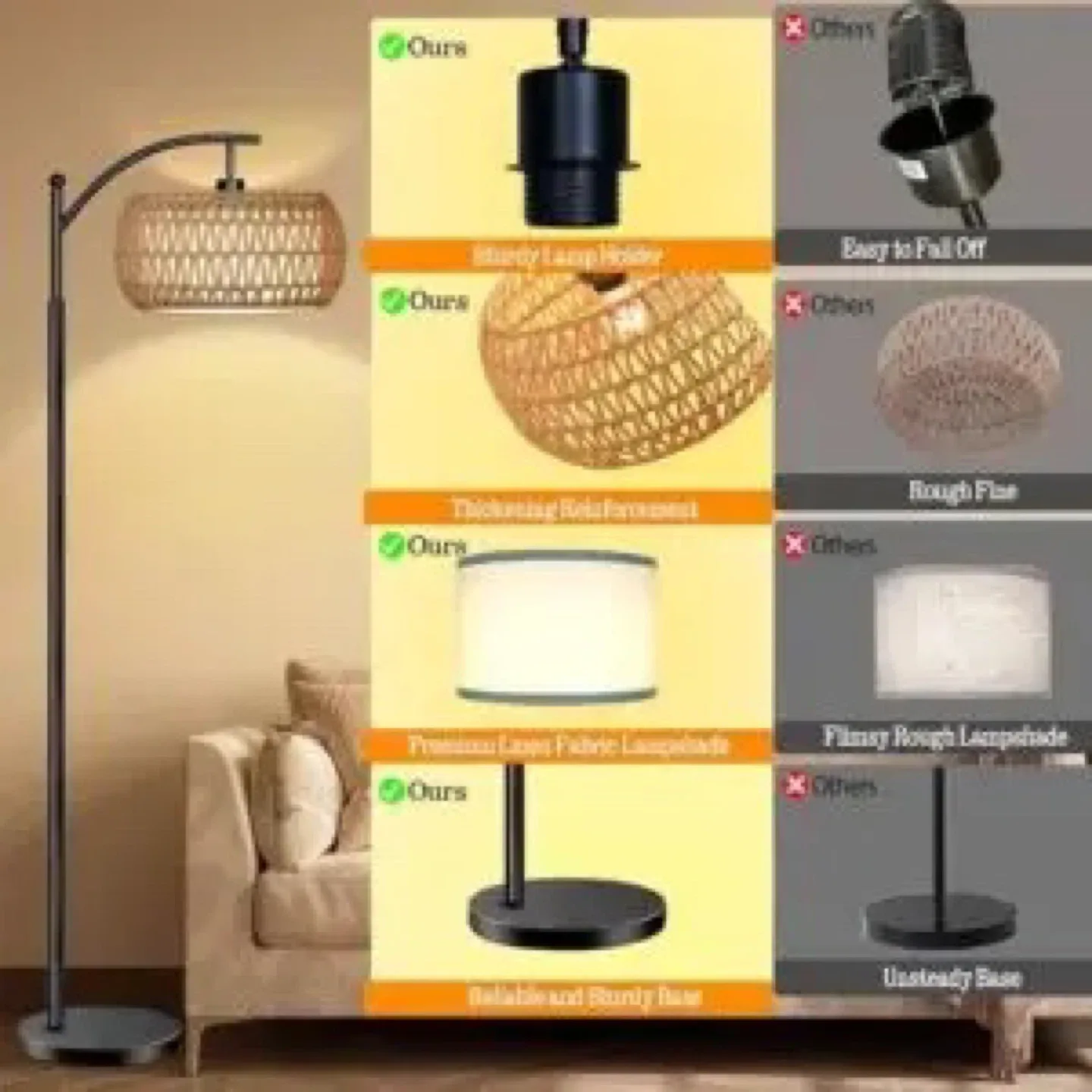 LANICHO Boho Floor Lamp with Rattan & Linen Shades image indicator(4)