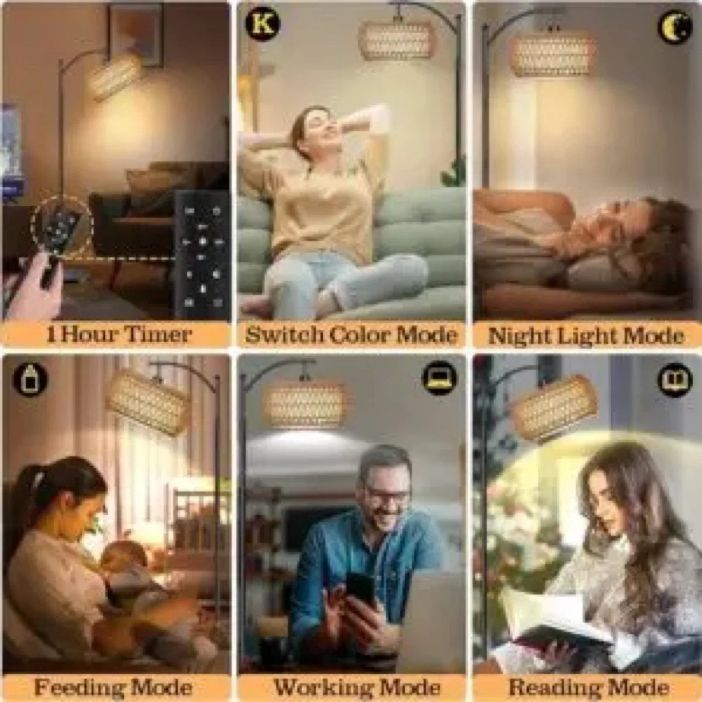 LANICHO Boho Floor Lamp with Rattan & Linen Shades image indicator(5)