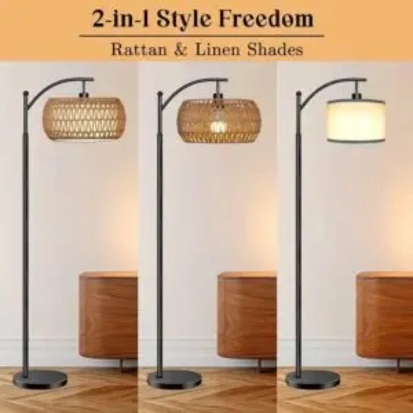 LANICHO Boho Floor Lamp with Rattan & Linen Shades image indicator(7)