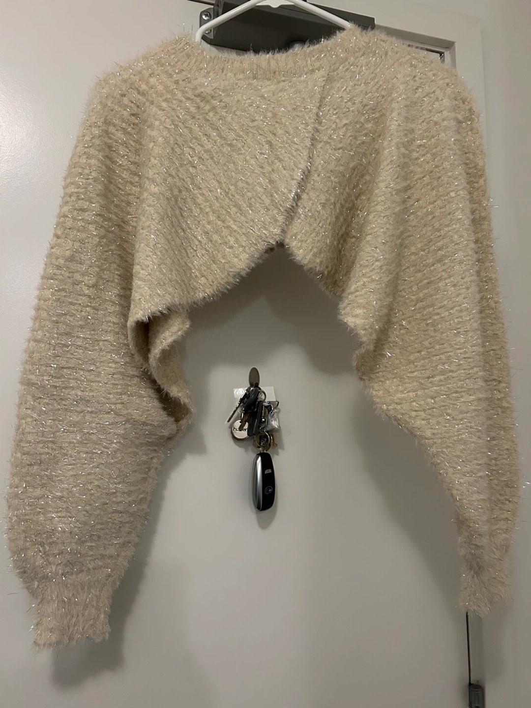Cream Metallic Thread Cropped Shrug Cardigan Size S - photo 2