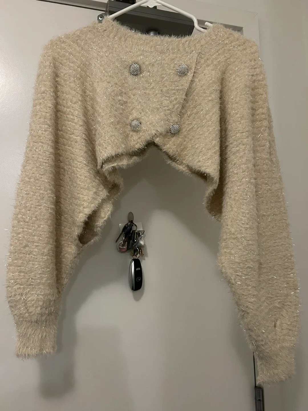 Cream Metallic Thread Cropped Shrug Cardigan Size S thumbnail