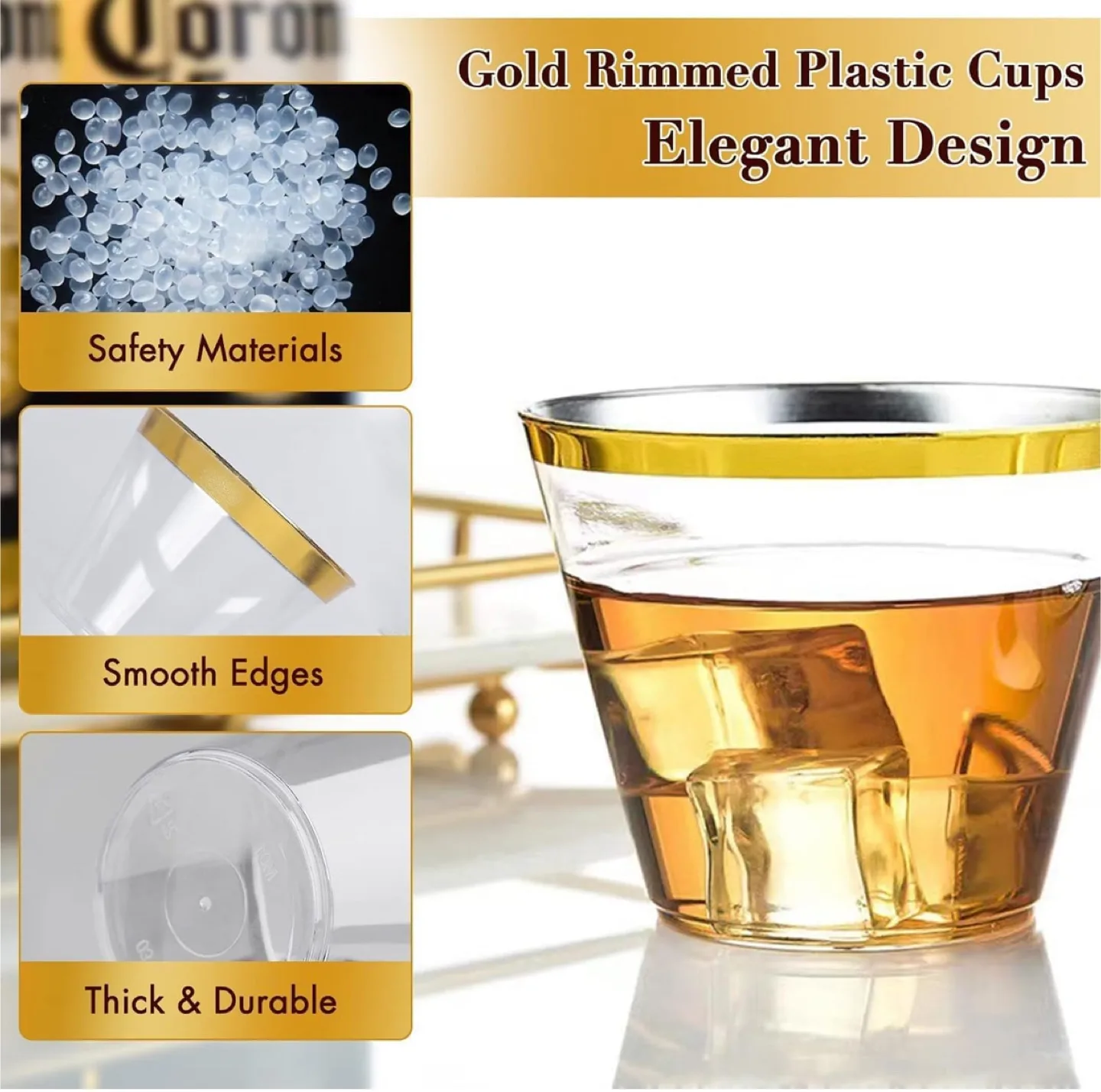 Gold Rimmed Plastic Cups - 270mL