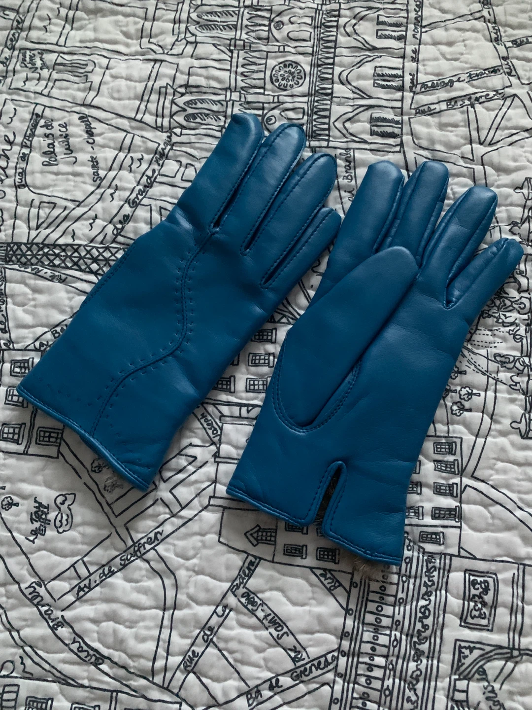 Blue Genuine Leather Gloves with Rabbit Fur Trim - photo 5