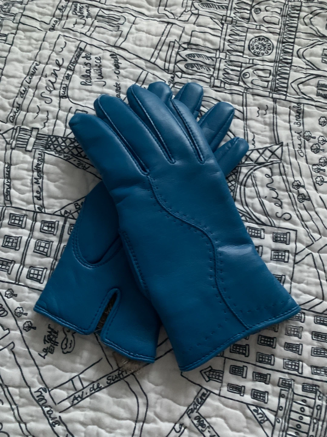 Blue Genuine Leather Gloves with Rabbit Fur Trim - photo 3
