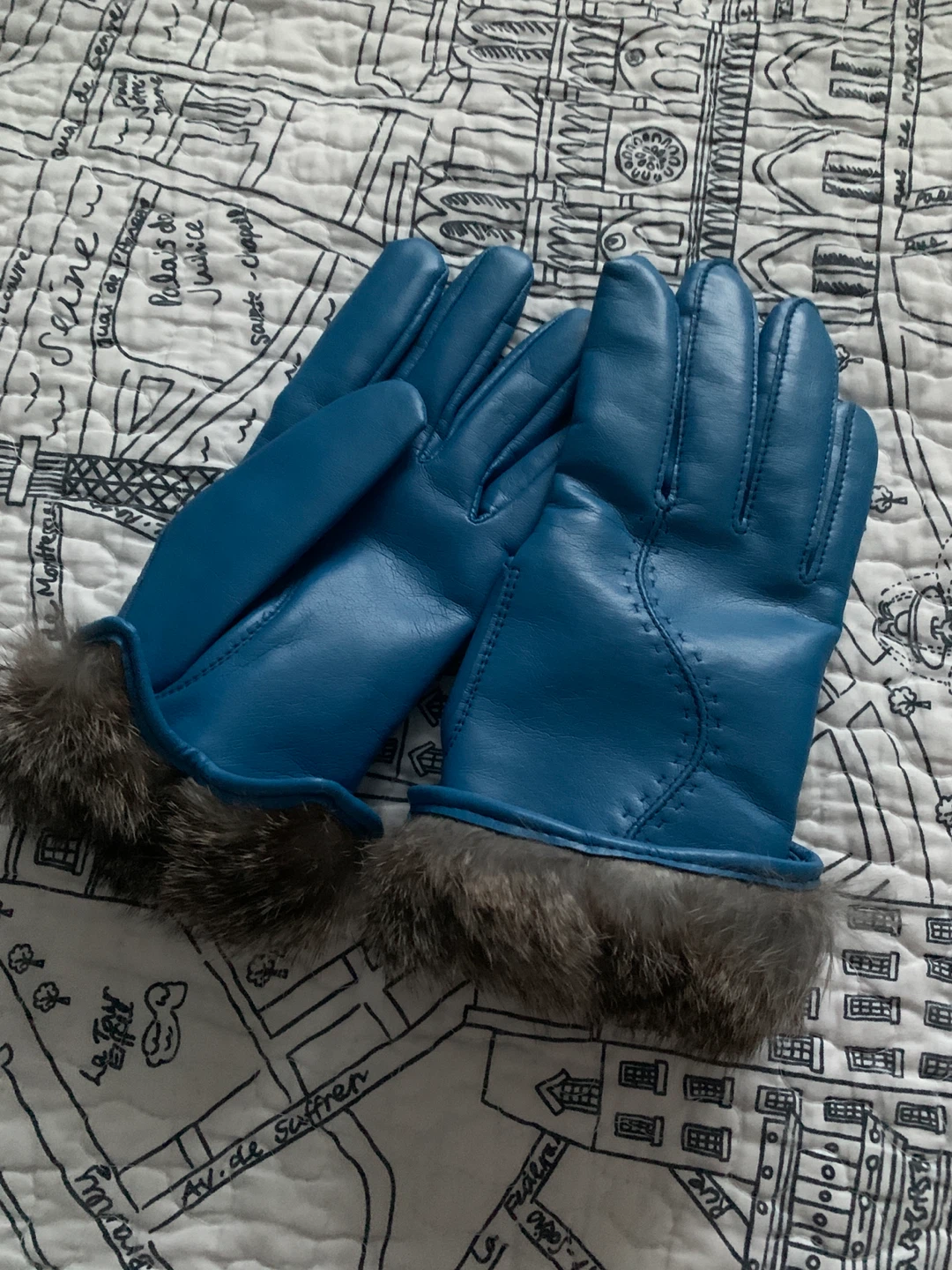 Blue Genuine Leather Gloves with Rabbit Fur Trim