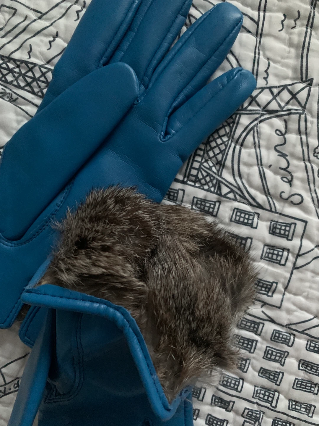 Blue Genuine Leather Gloves with Rabbit Fur Trim - photo 2
