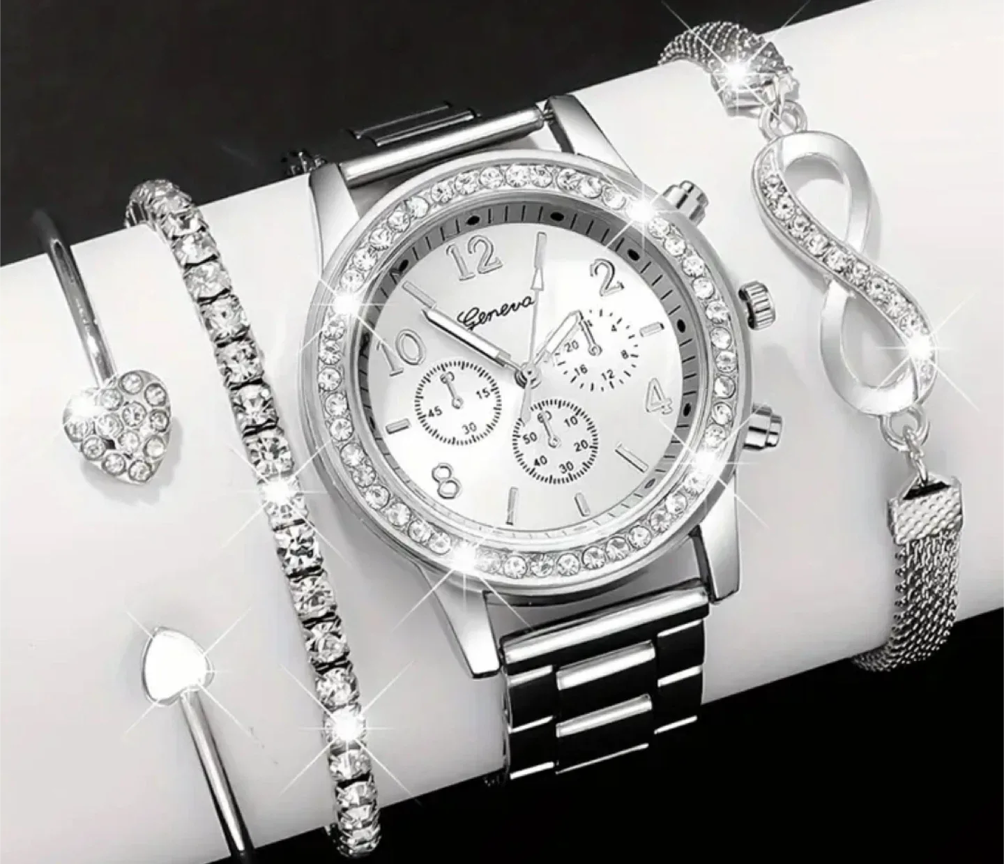 New Geneva Silver Watch & Bracelet Set image indicator(2)