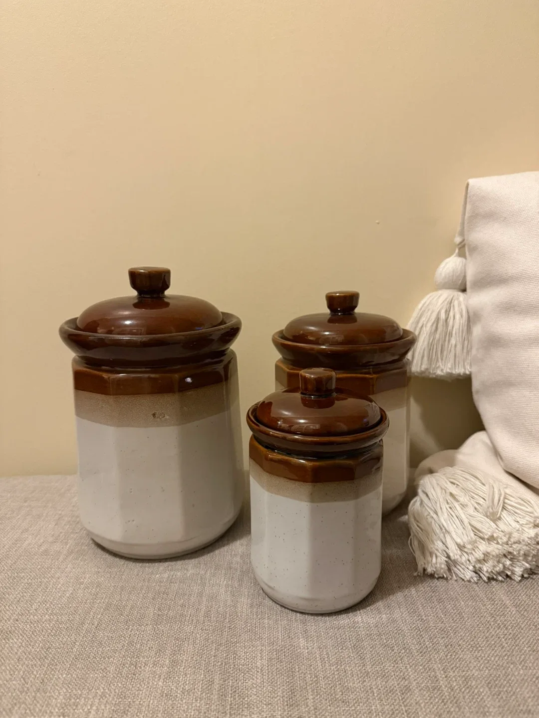 Set of 3 vintage brown glazed stoneware set thumbnail