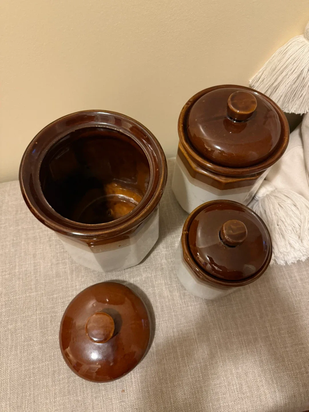 Set of 3 vintage brown glazed stoneware set image indicator(3)