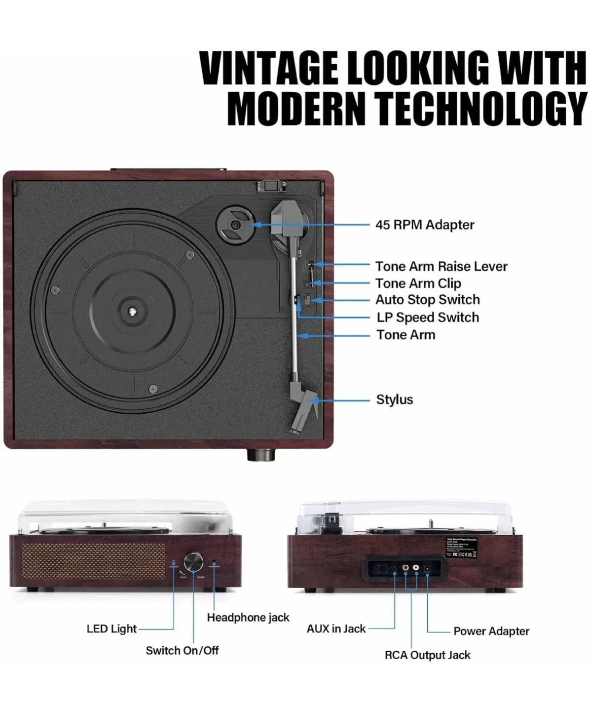 Vintage Record Player with Speakers Turntable Built-in Bluetooth image indicator(2)