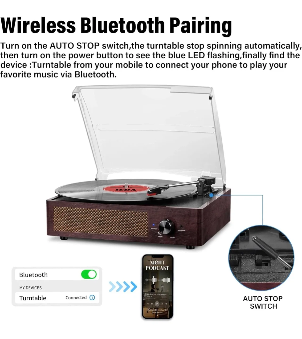 Vintage Record Player with Speakers Turntable Built-in Bluetooth image indicator(3)