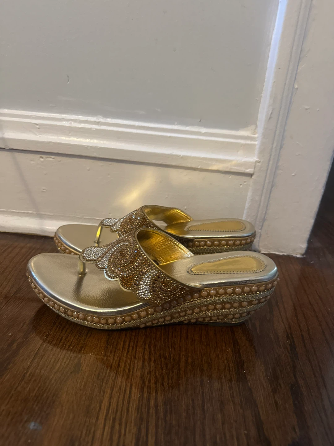 Gold Embellished Wedge Sandals - Size 8 1/2 to 9 - photo 2
