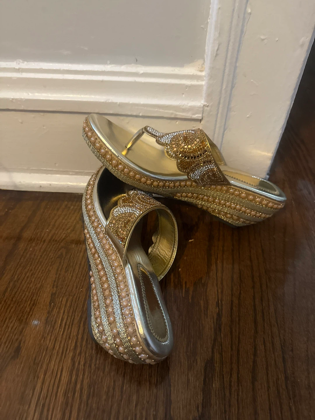 Gold Embellished Wedge Sandals - Size 8 1/2 to 9 - photo 3
