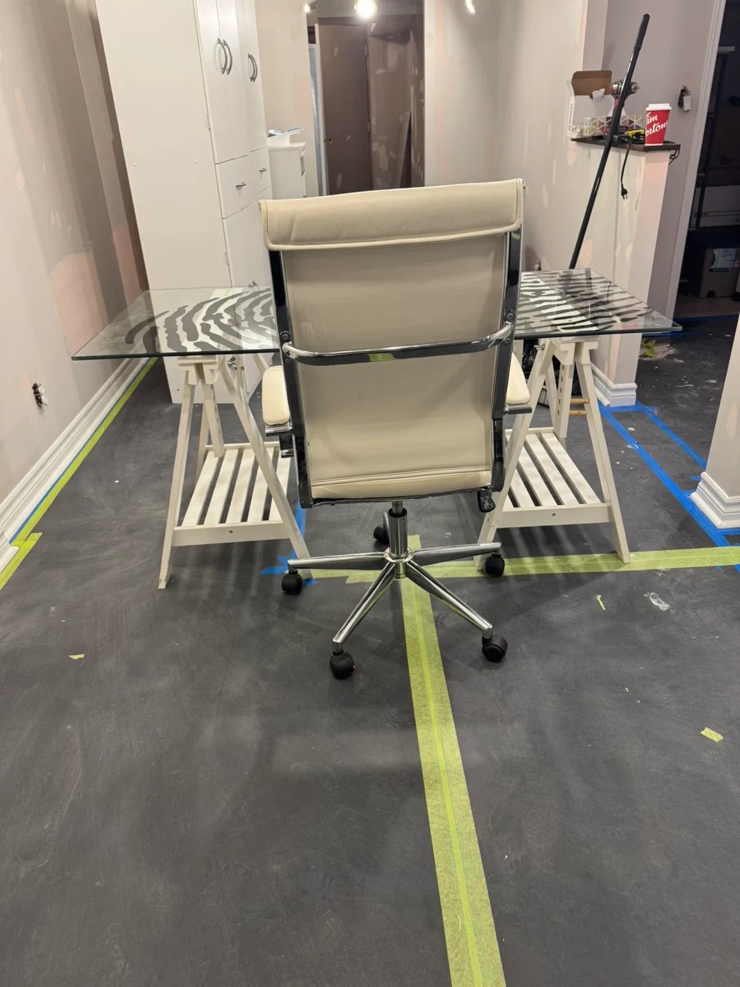 Glass work table with Cream Leather Office Chair image indicator(4)