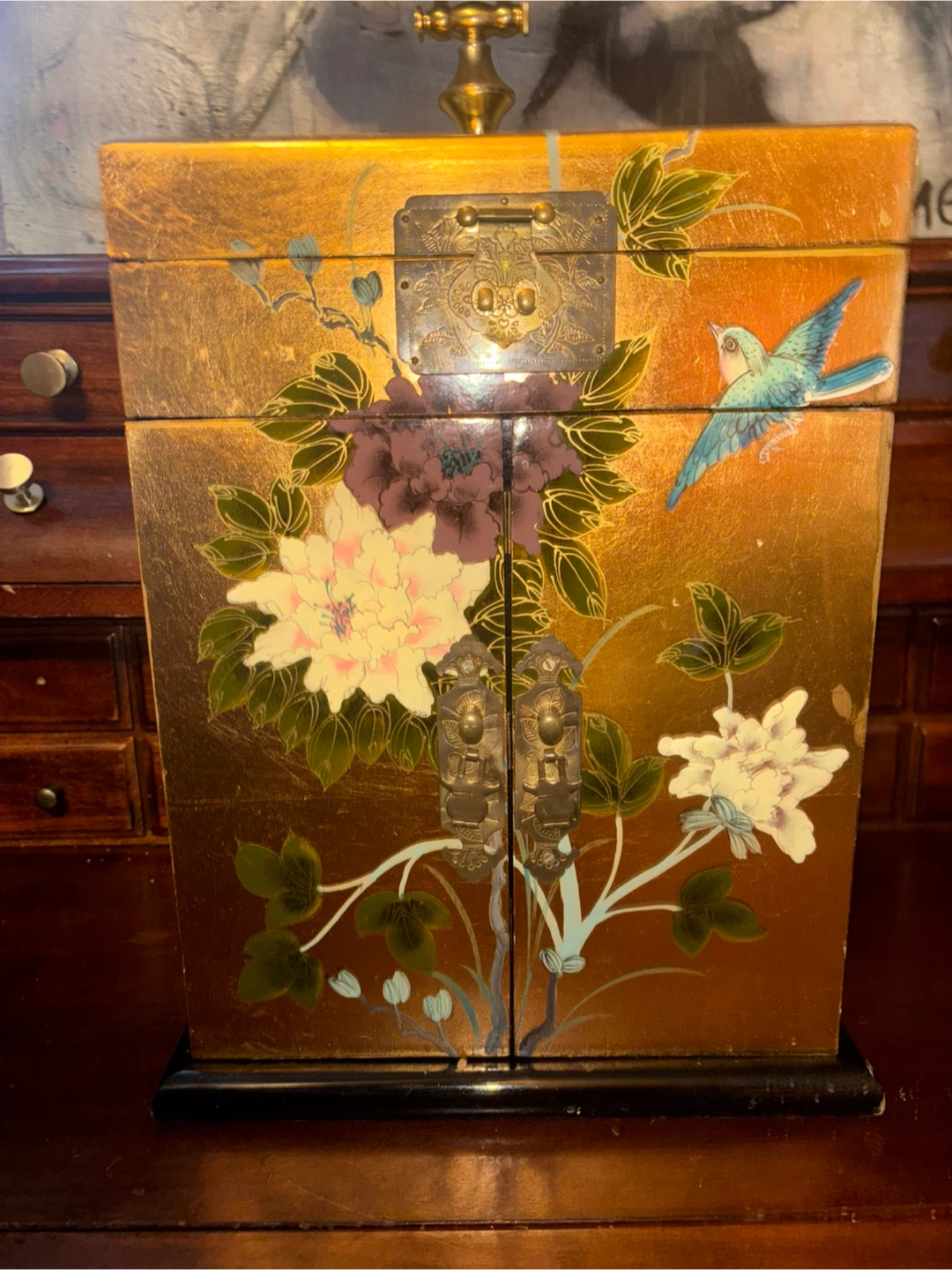 Vintage black lacquer Floral Jewelry Box - photo 2