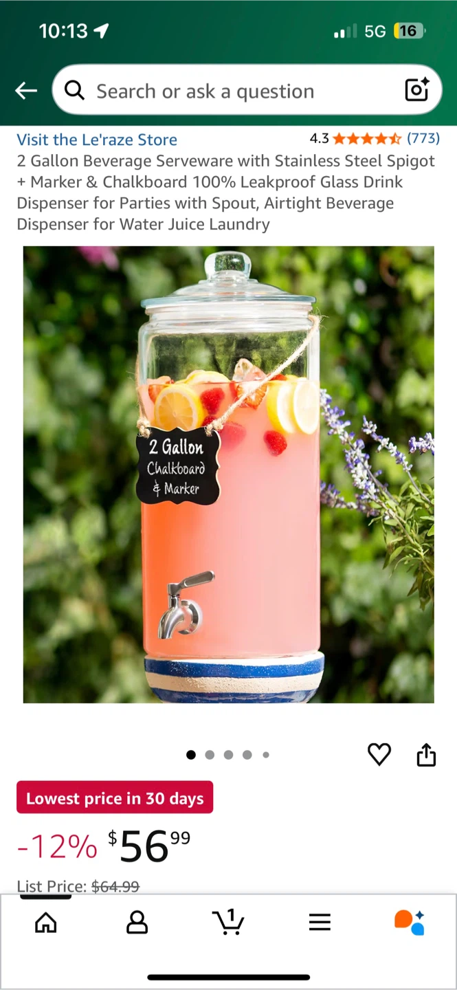 Le'raze 2 Gallon Glass Drink Dispenser