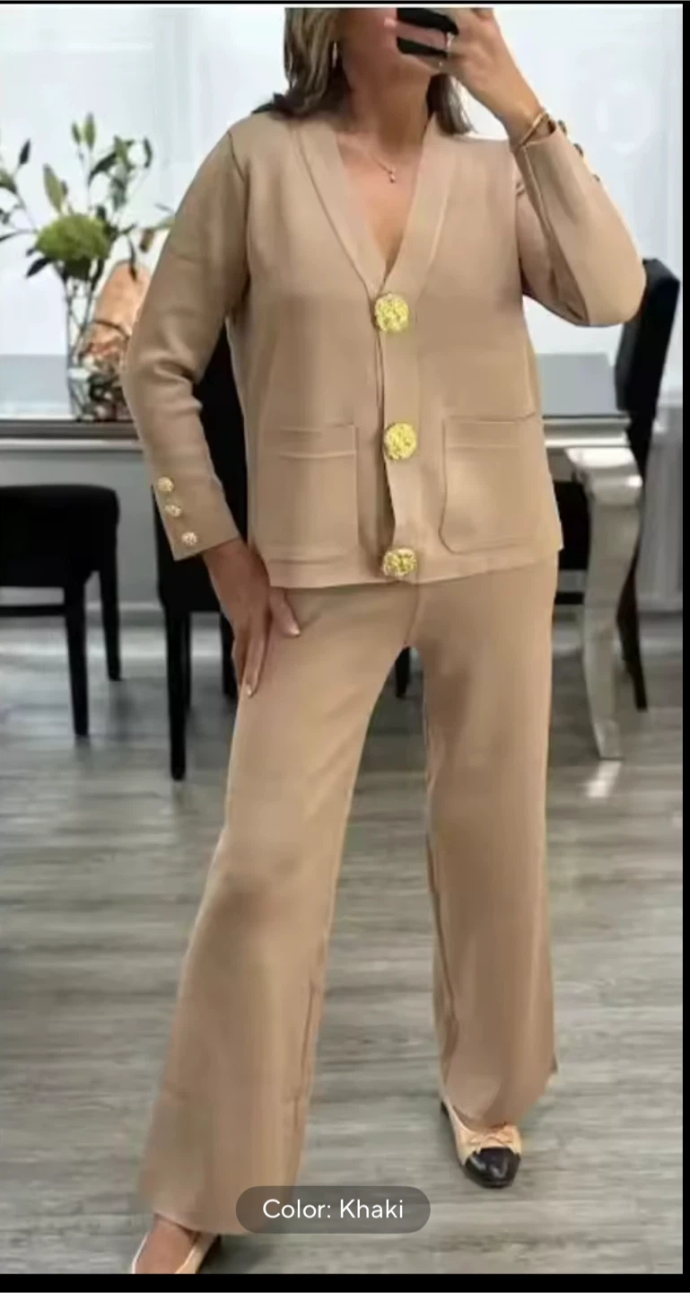 Khaki Knit Cardigan and Pants Set - photo 2