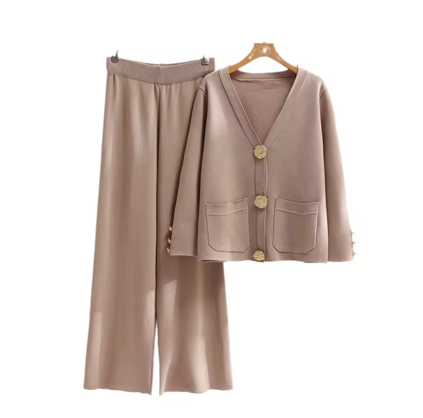 Khaki Knit Cardigan and Pants Set