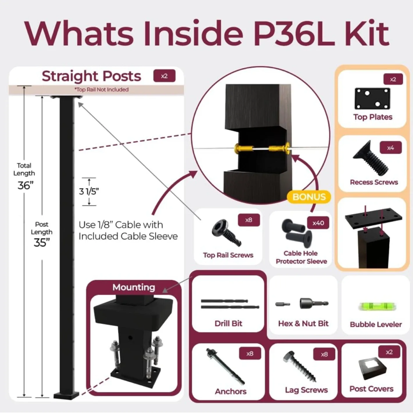 New Level Drilled Cable Railing Post, 2pcs 36” image indicator(2)