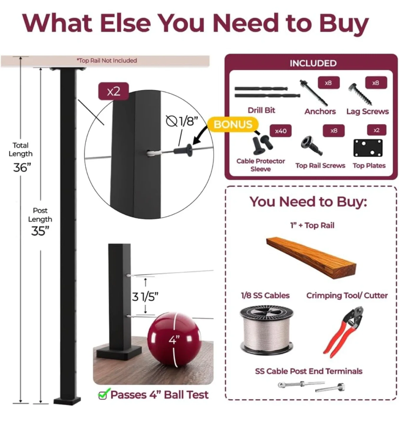 New Level Drilled Cable Railing Post, 2pcs 36” image indicator(3)