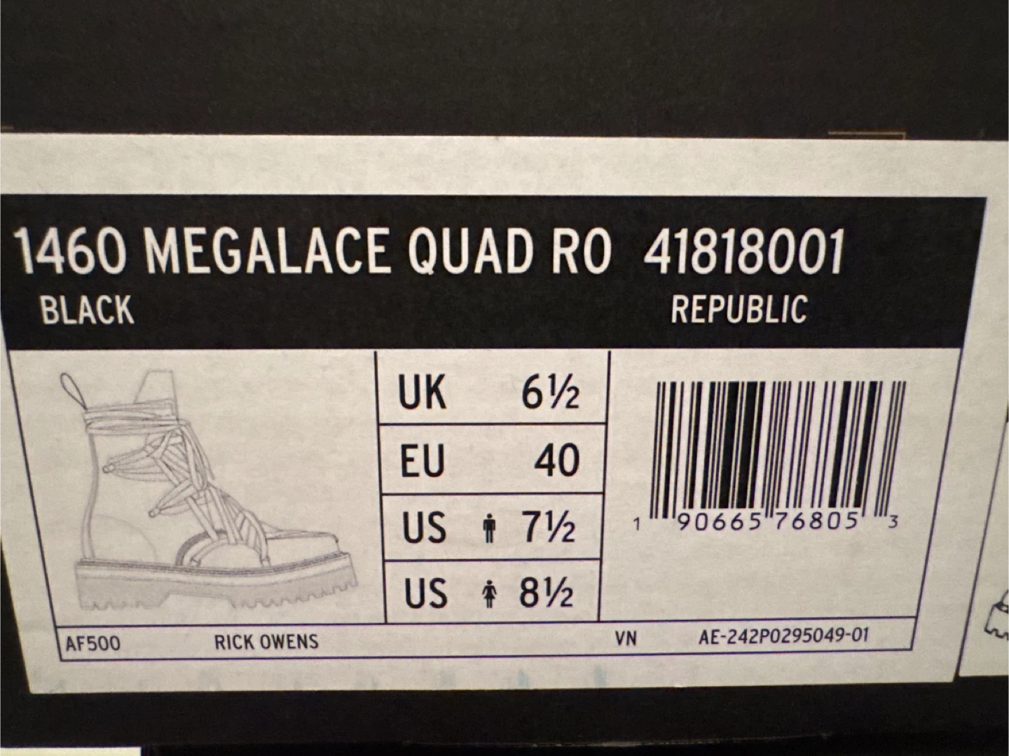 Rick Owens x Dr. Martens 1460 Megalace Quad RO Boots US 7.5 - photo 2