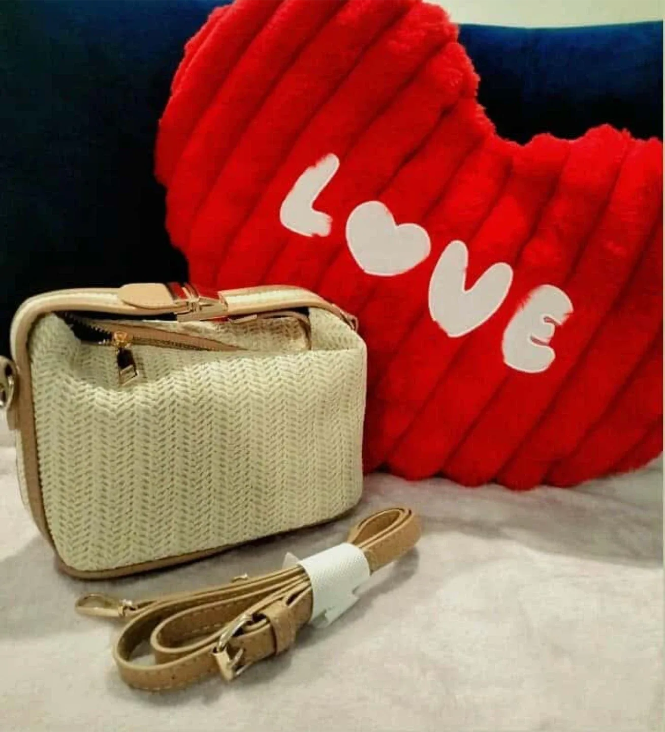 Beige Woven Crossbody Bag with Strap