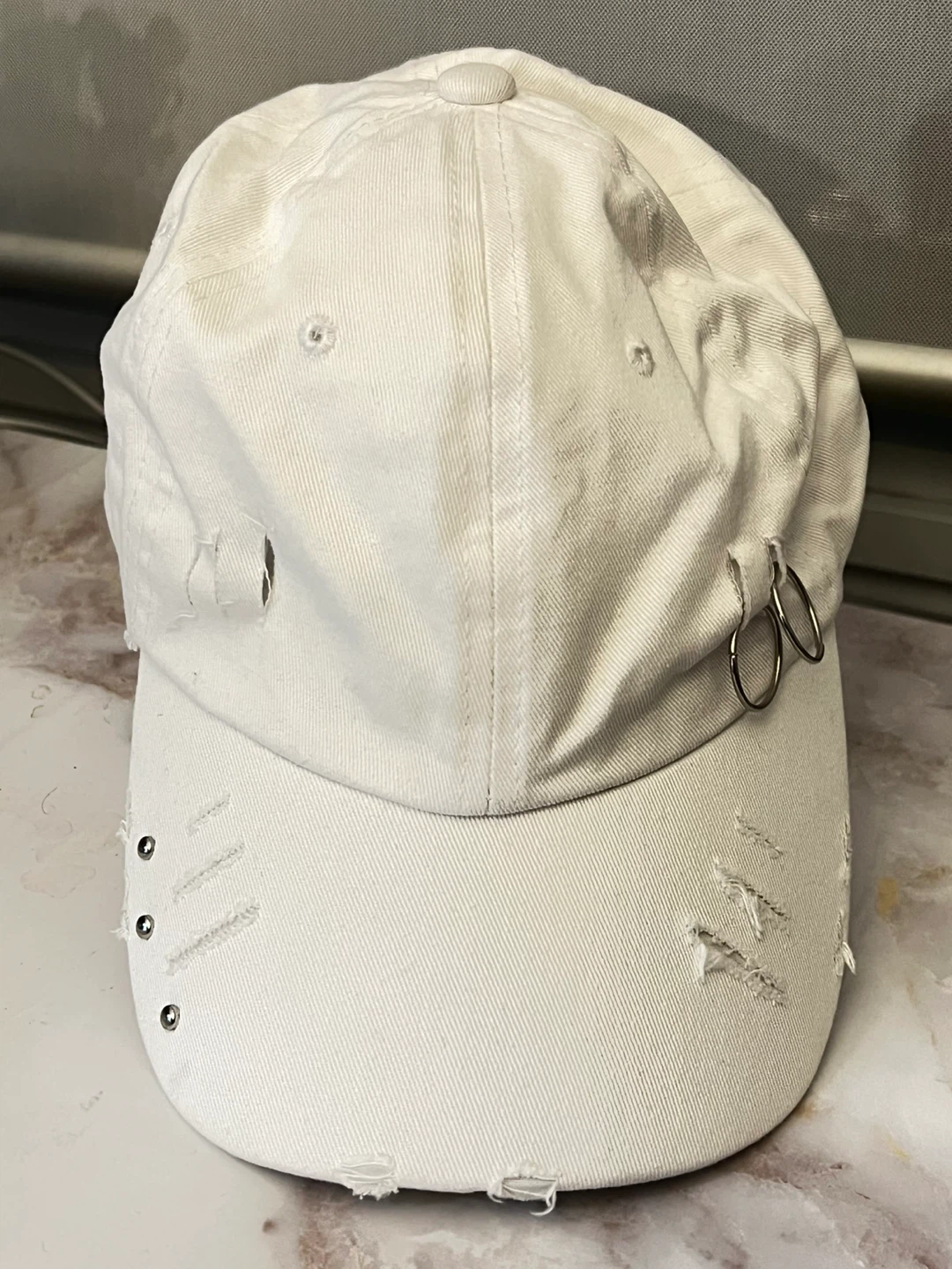 New White Distressed Baseball Cap