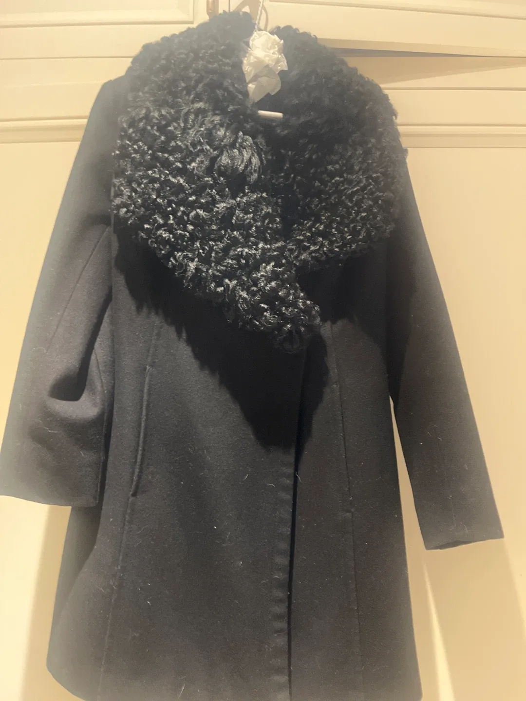 Neiman Marcus Black Wool Blend Coat with Fur Collar