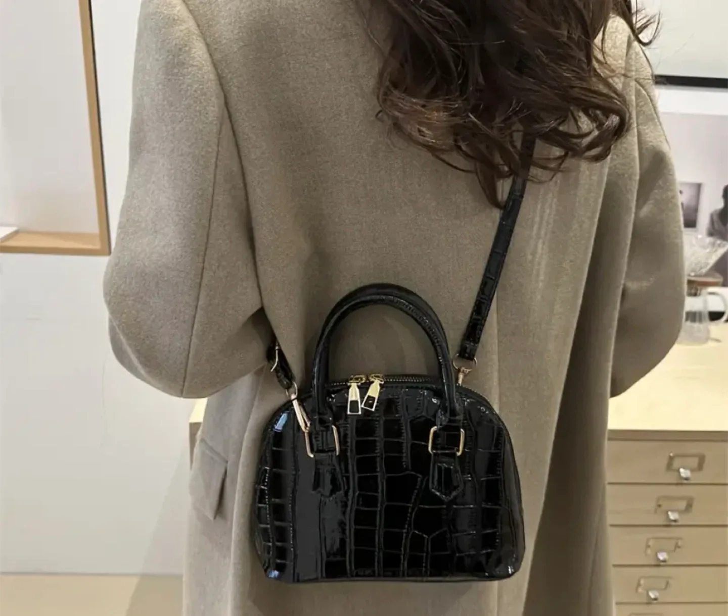 Black Croc Embossed Dome Satchel Bag image indicator(2)