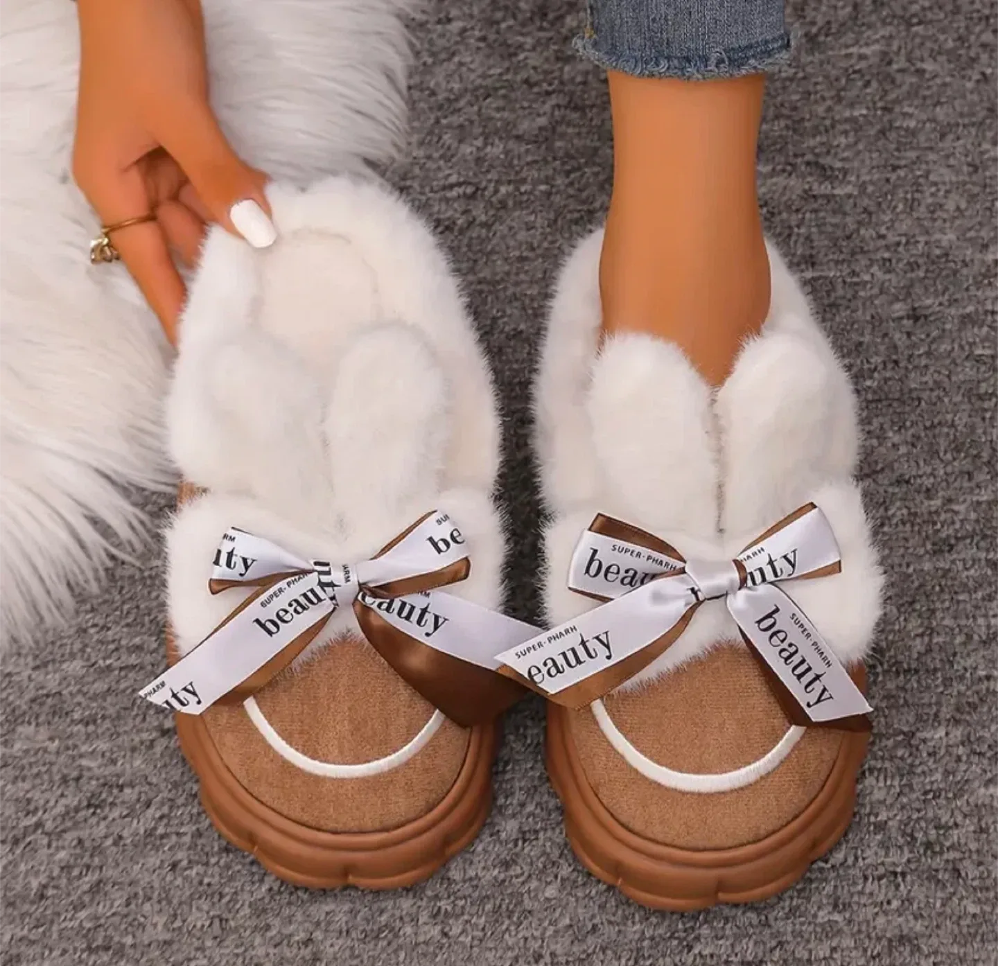 Fuzzy Brown & White Slippers with Bow - Size 7