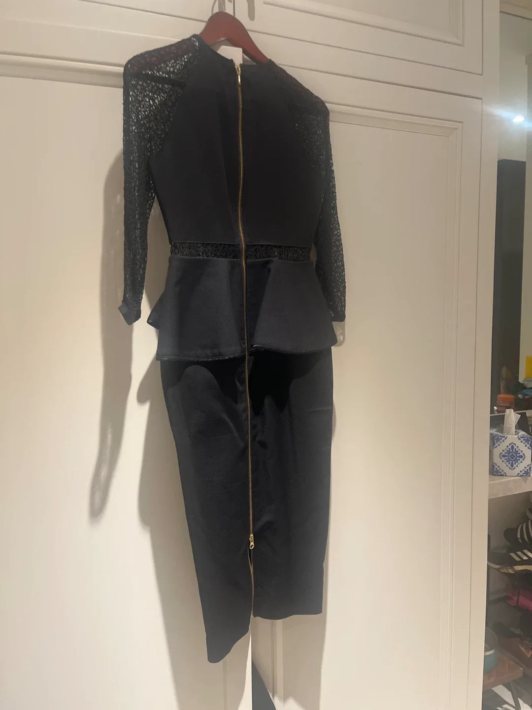 high end designer Black Lace Sleeve Peplum Dress