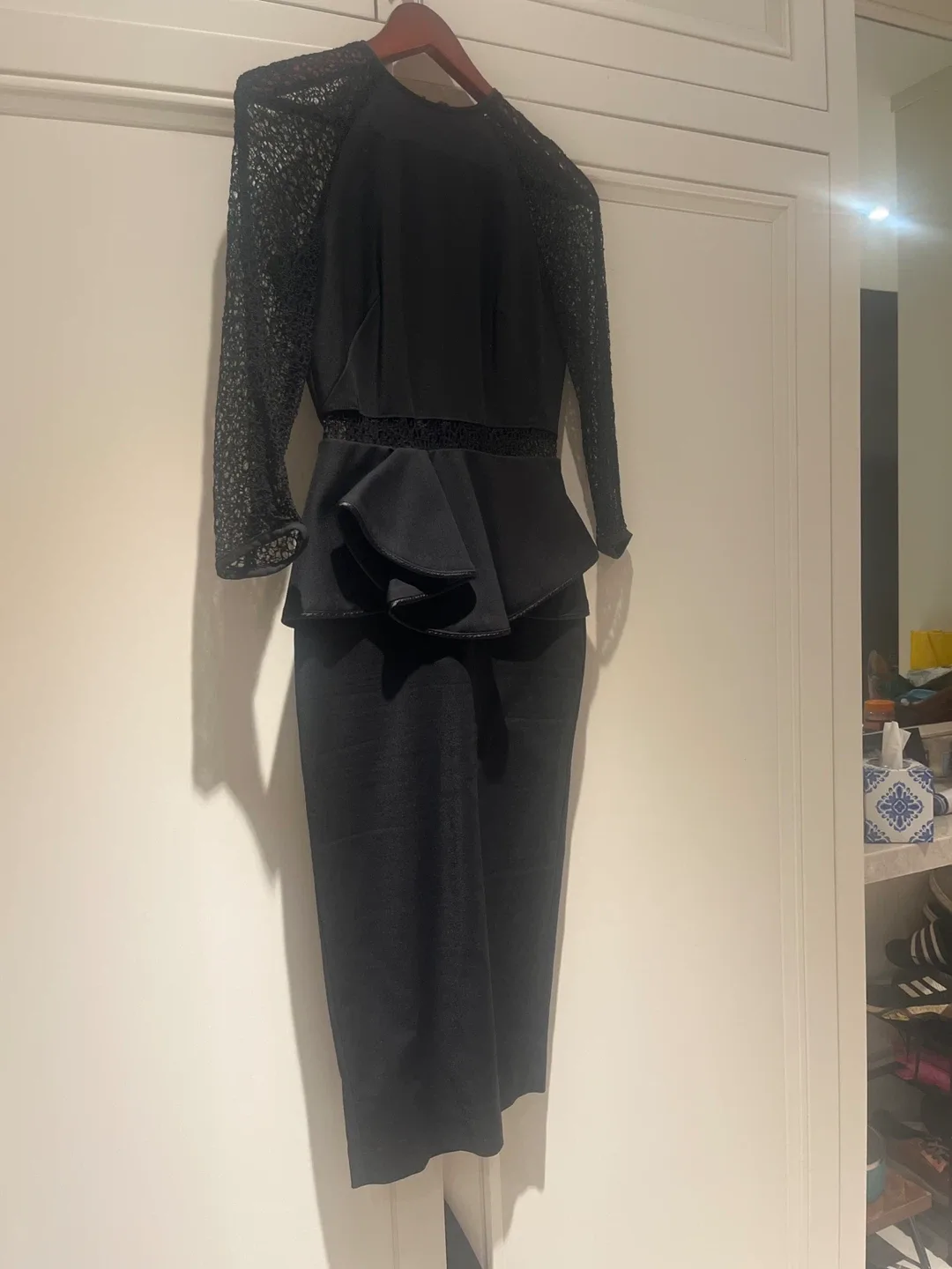 high end designer Black Lace Sleeve Peplum Dress image indicator(2)