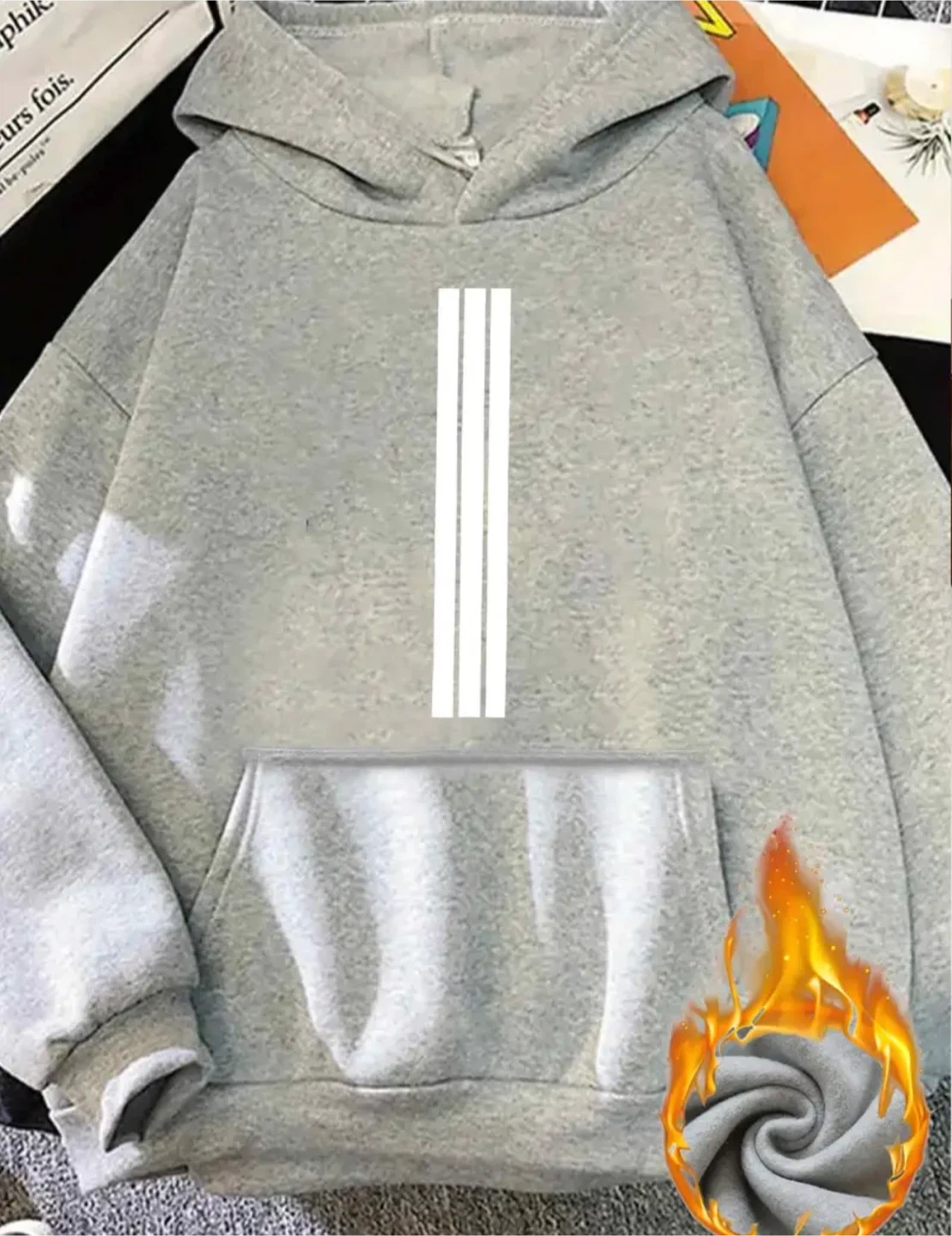 Grey Hoodie with White Stripes