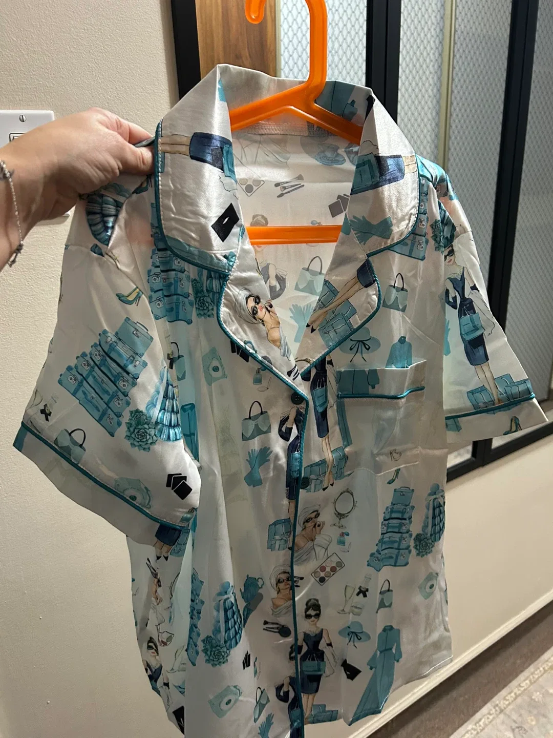 Ladies' Pajama Set - White with Blue Prints image indicator(2)