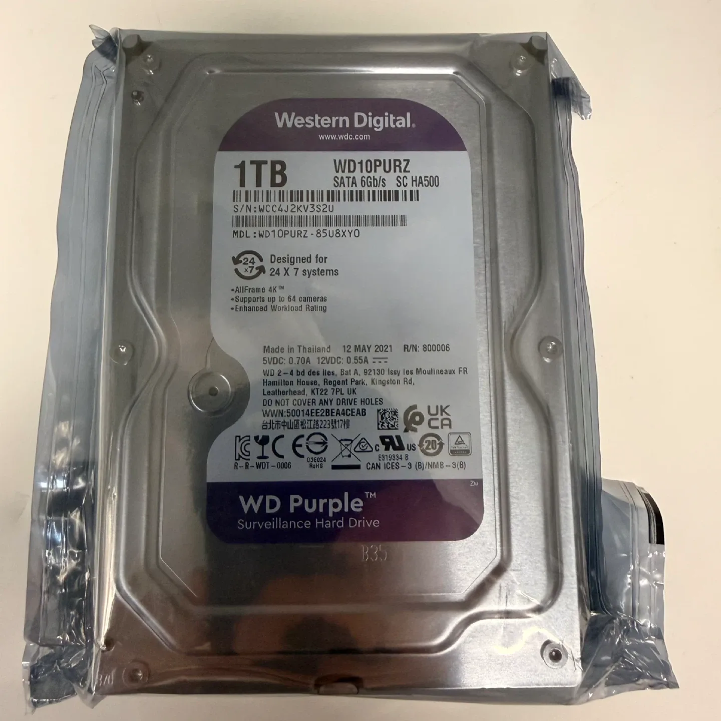 WD Purple 1TB Surveillance Hard Drive – Brand New (WD10PURZ) thumbnail