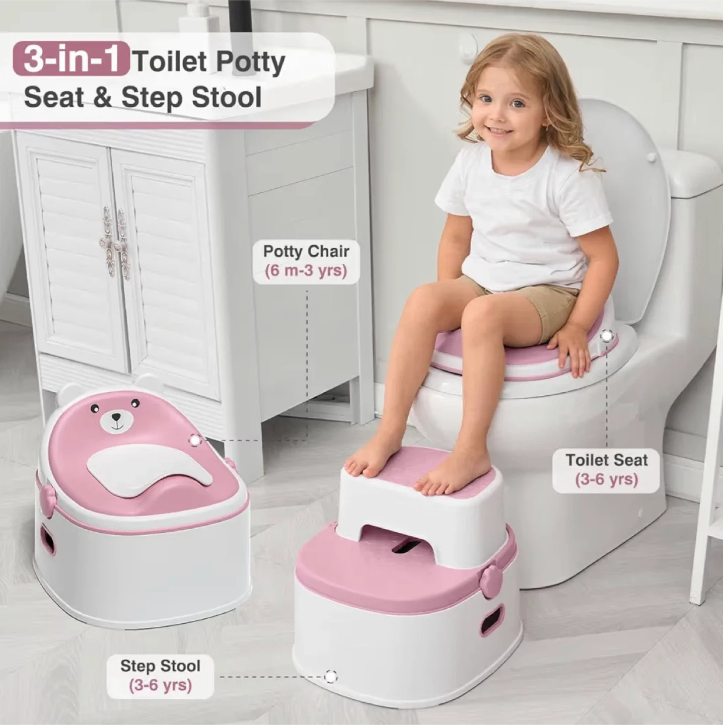 3-in-1 Toilet Potty Seat & Step Stool - Pink & White image indicator(2)