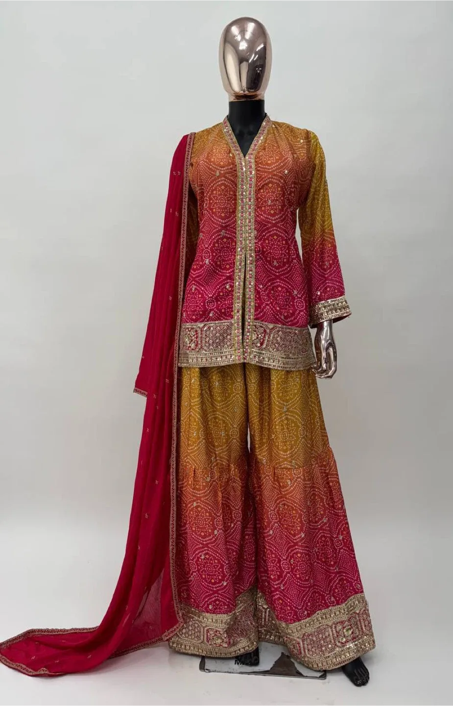 Bandhani print punjabi style gharara Suit - Yellow & Pink image indicator(5)