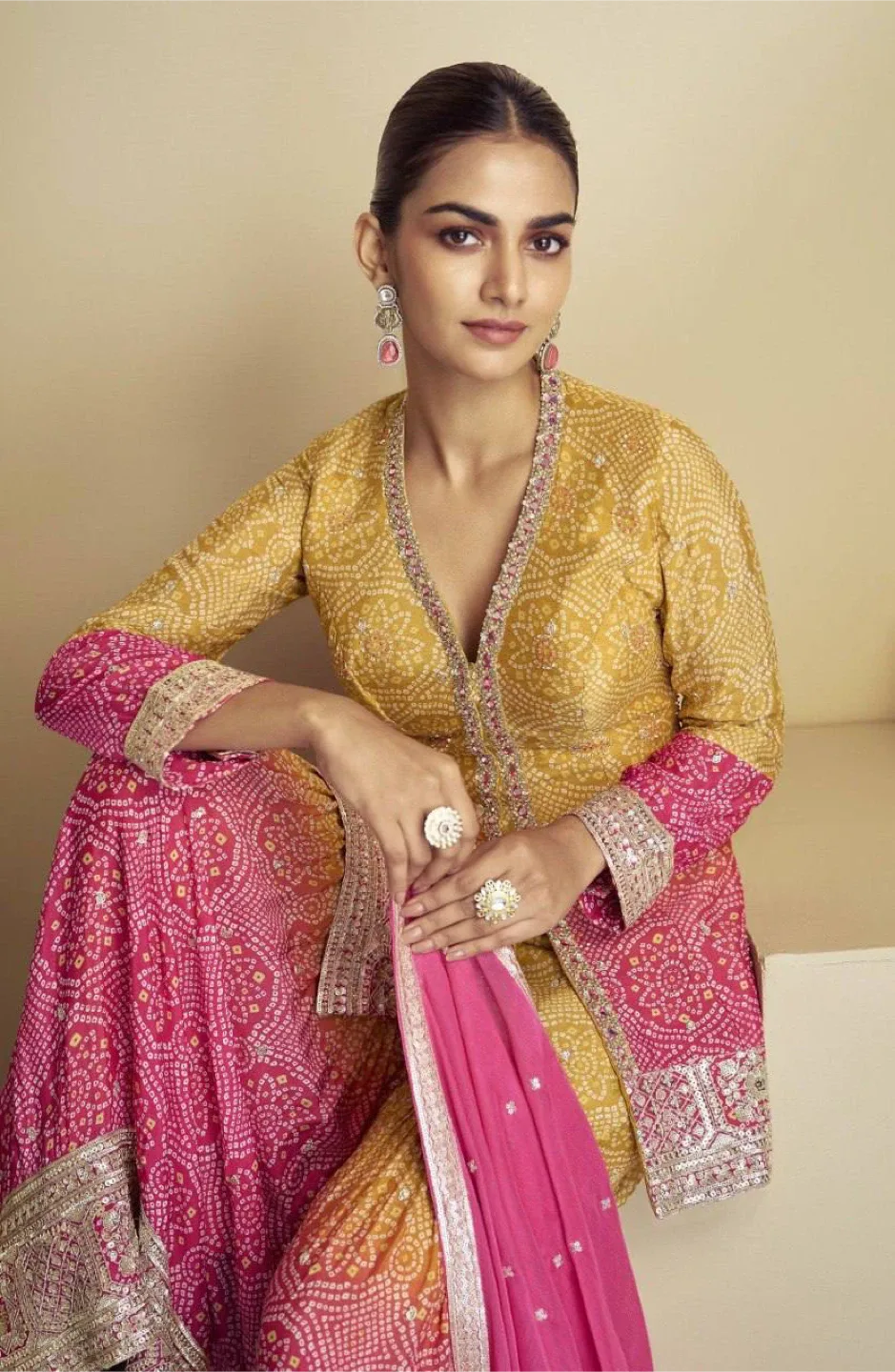 Bandhani print punjabi style gharara Suit - Yellow & Pink image indicator(2)
