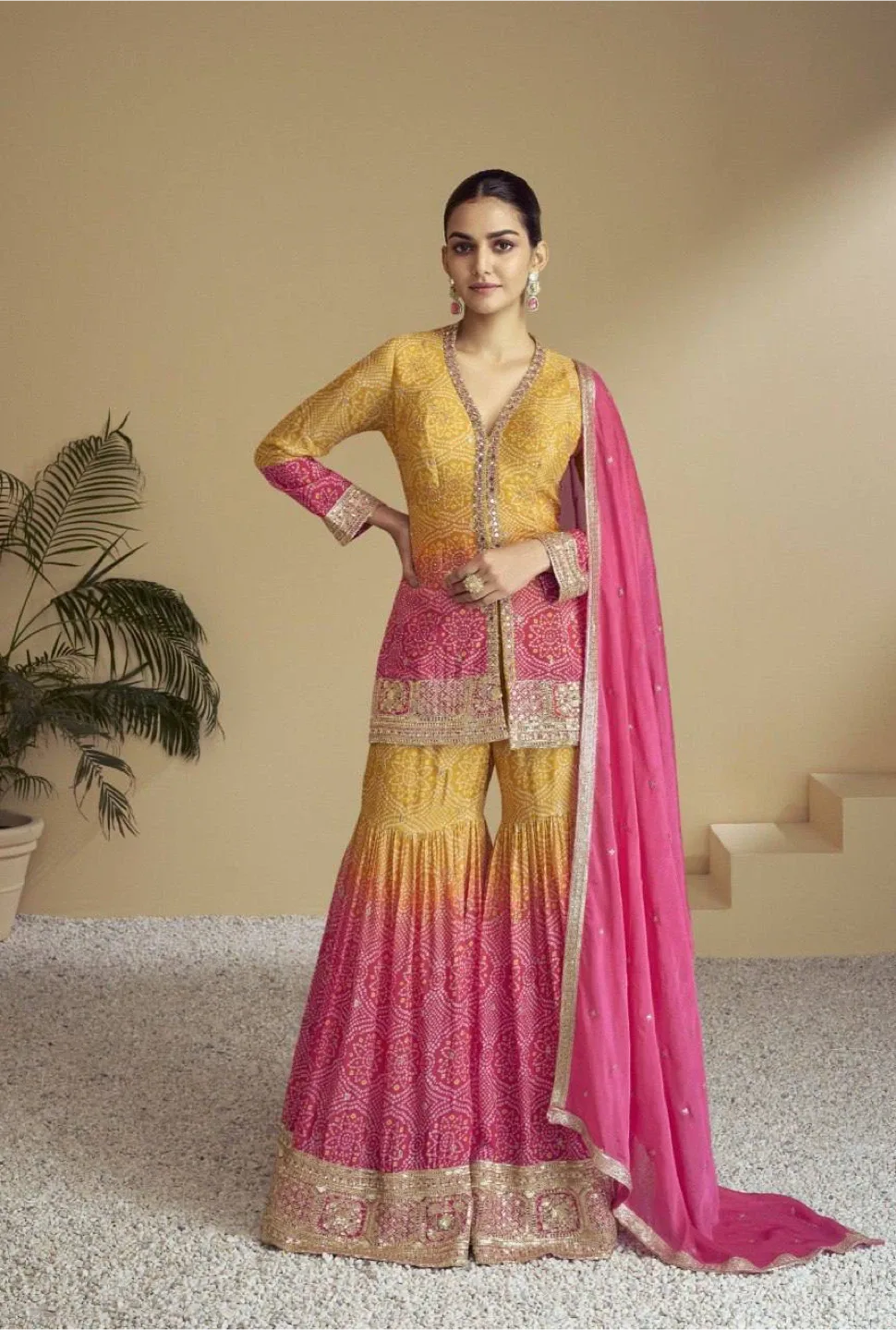 Bandhani print punjabi style gharara Suit - Yellow & Pink image indicator(4)