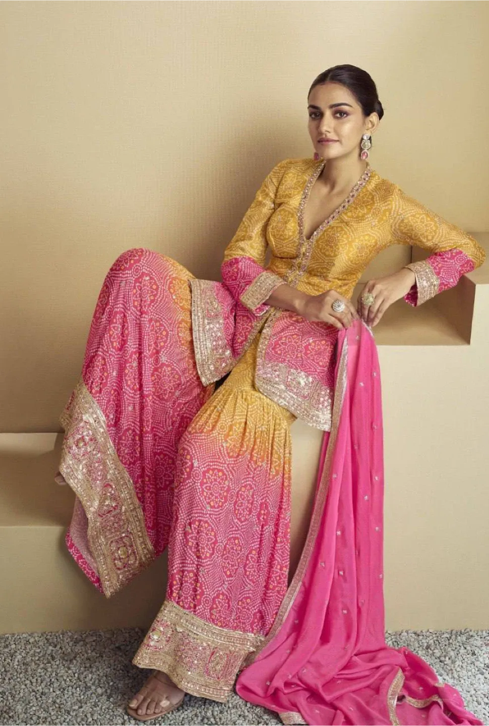 Bandhani print punjabi style gharara Suit - Yellow & Pink