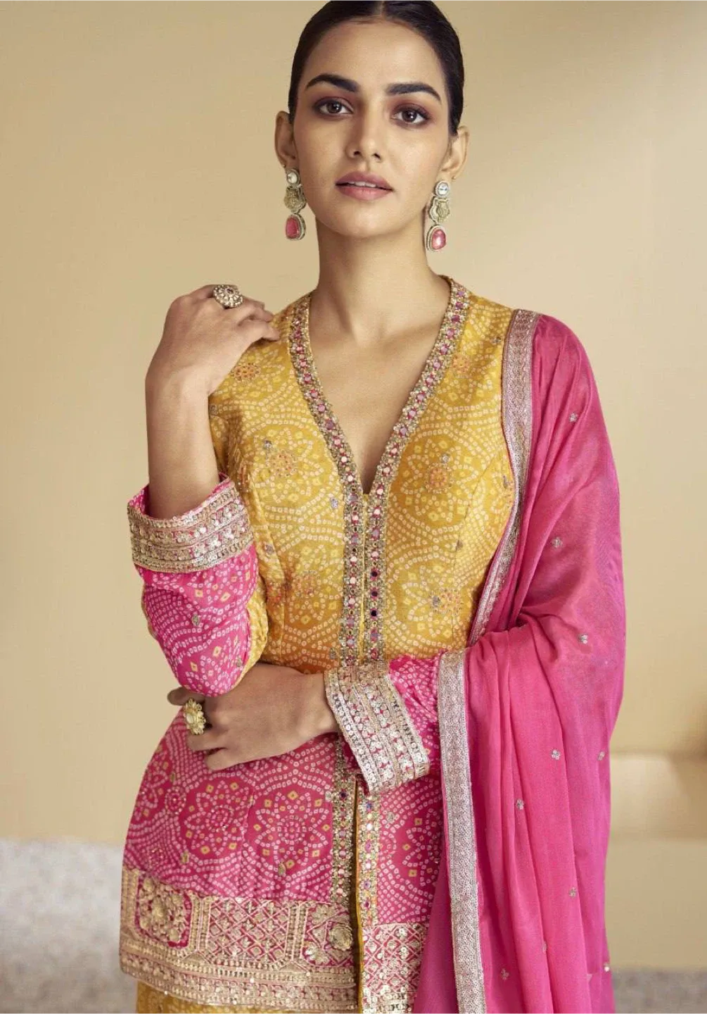Bandhani print punjabi style gharara Suit - Yellow & Pink image indicator(3)
