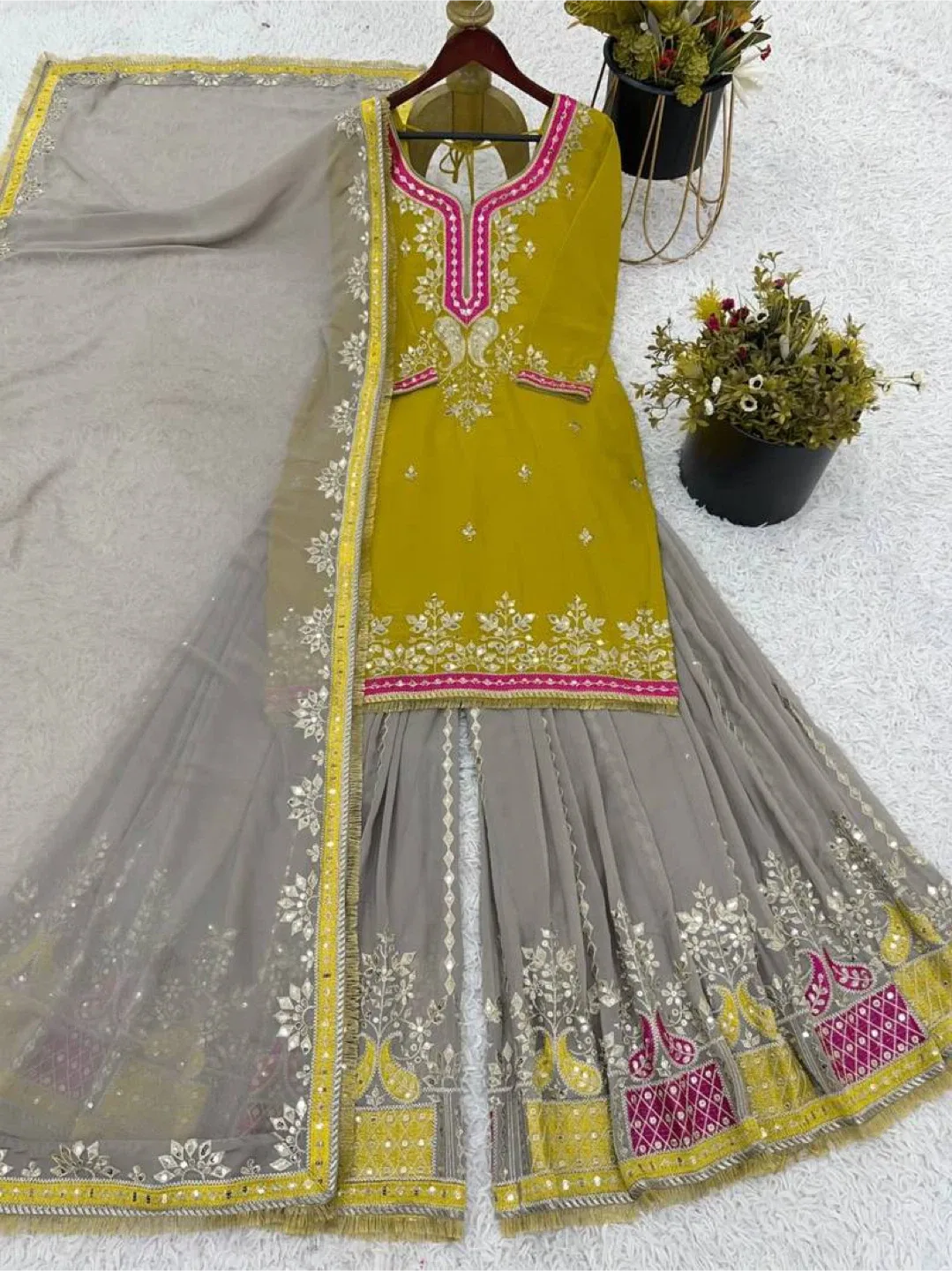 Beautiful mustard colour sharara suit for wedding image indicator(3)